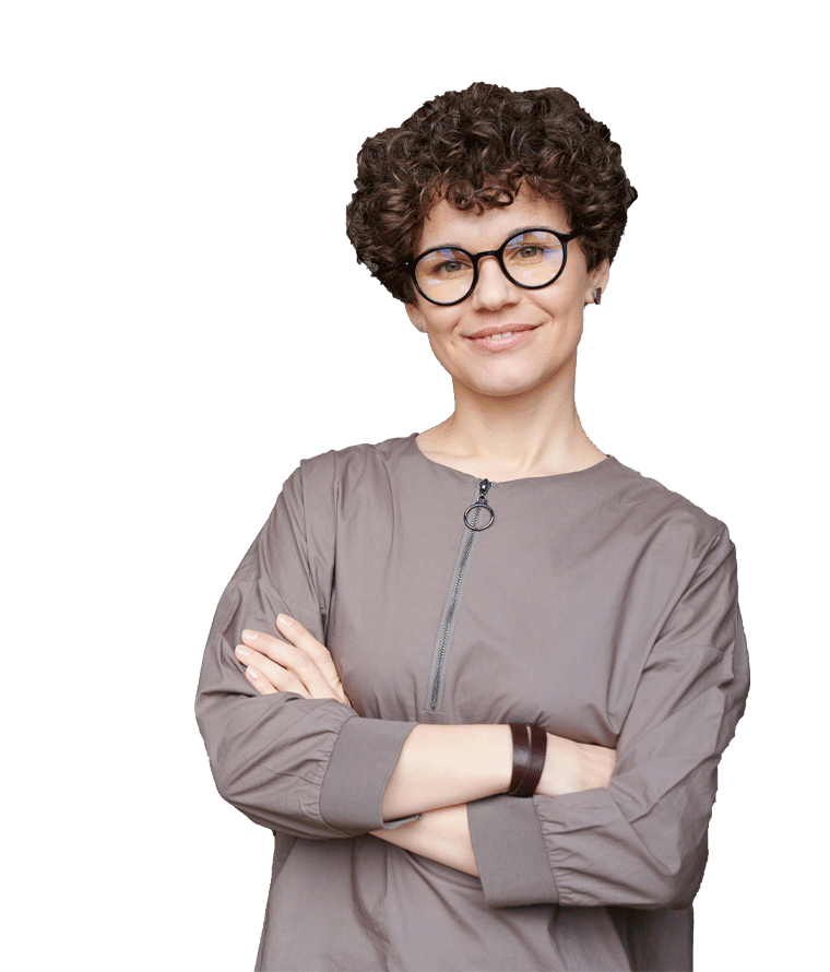 Smiling Woman Standing With Hands Crossed - Sirixo Smiling Woman Standing With Hands Crossed - Sirixo Software Technlogy