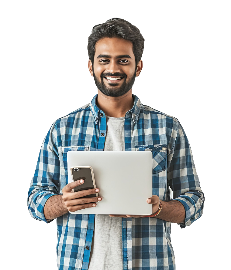 Young Man Holding Ipad and Mobile Tago Media Box